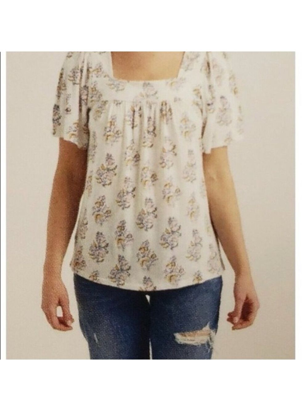 Lucky Brand Square Neck Short Sleeve Floral Peasant Blouse Women XL White